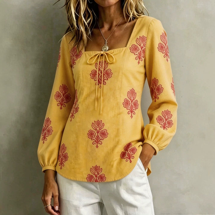 Damen Bestickte Tunika-Bluse mit quadratischem Ausschnitt und femininen Ballonärmeln Drune