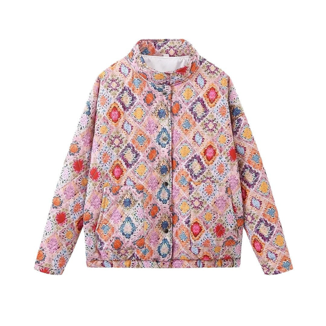 Damen gestepptes Overshirt mit buntem Muster und praktischen Taschen Drune