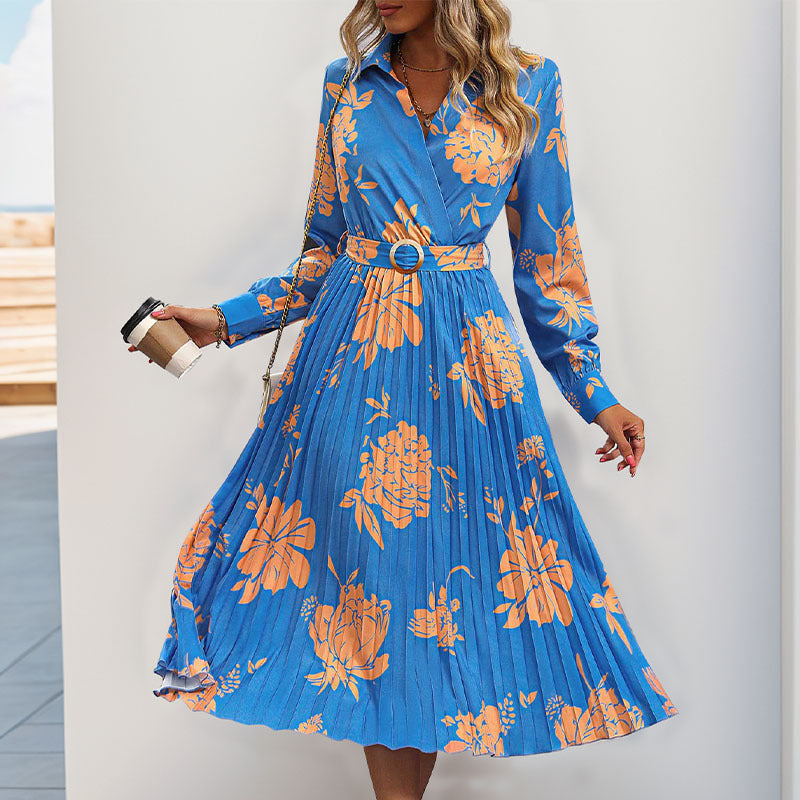 Damen Plissiertes Hemdblusenkleid mit Wickel‑V‑Ausschnitt, Taillengürtel und floralem Print Drune
