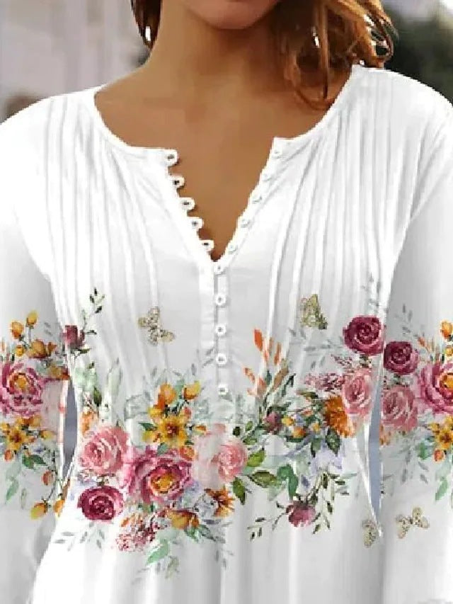 Damen nan luftige Tunika-Bluse mit Aquarell-Blumenbordüre, Kellerfalten und Dreiviertelärmeln Drune