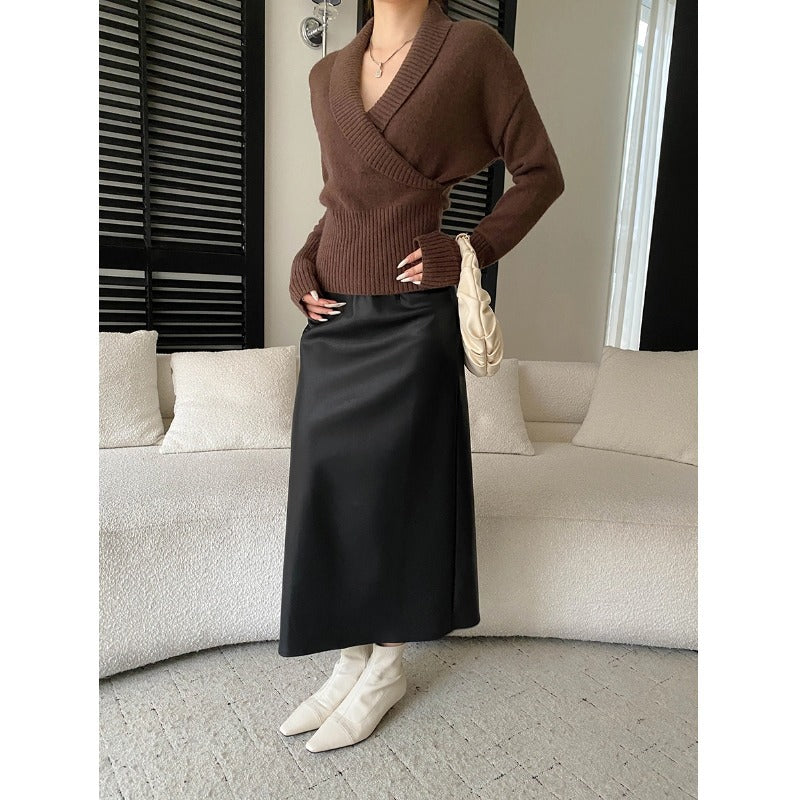 Damen eleganter Wickelpullover mit tiefem V-Ausschnitt und weichfließendem Material Drune