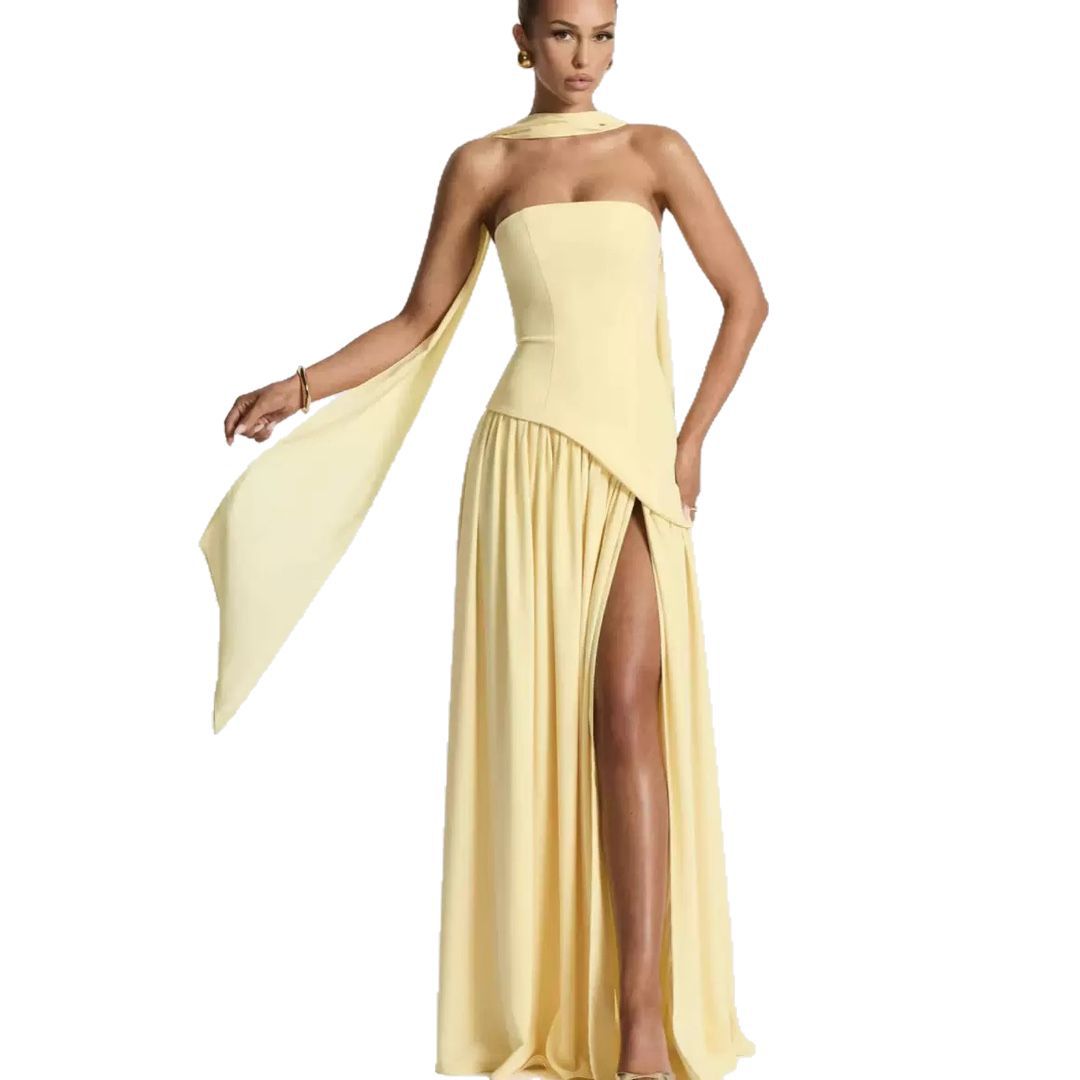 Damen Bodenlanges Maxikleid mit schulterfreiem Design und elegantem Schlitz Drune