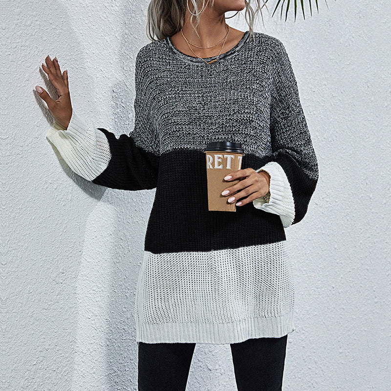 Damen Oversize Strickpullover mit Colorblock‑Einsätzen, Rundhals und Tunika‑Silhouette Drune