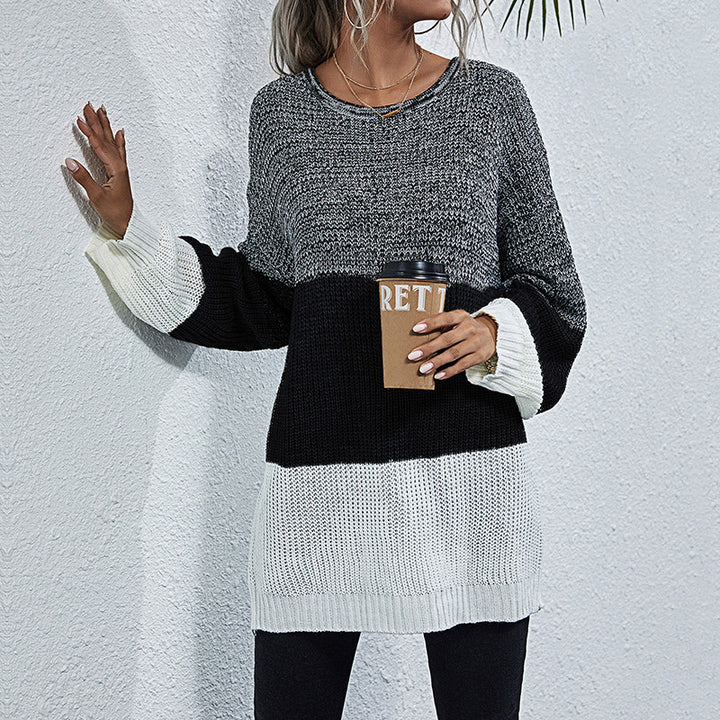 Damen Oversize Strickpullover mit Colorblock‑Einsätzen, Rundhals und Tunika‑Silhouette Drune