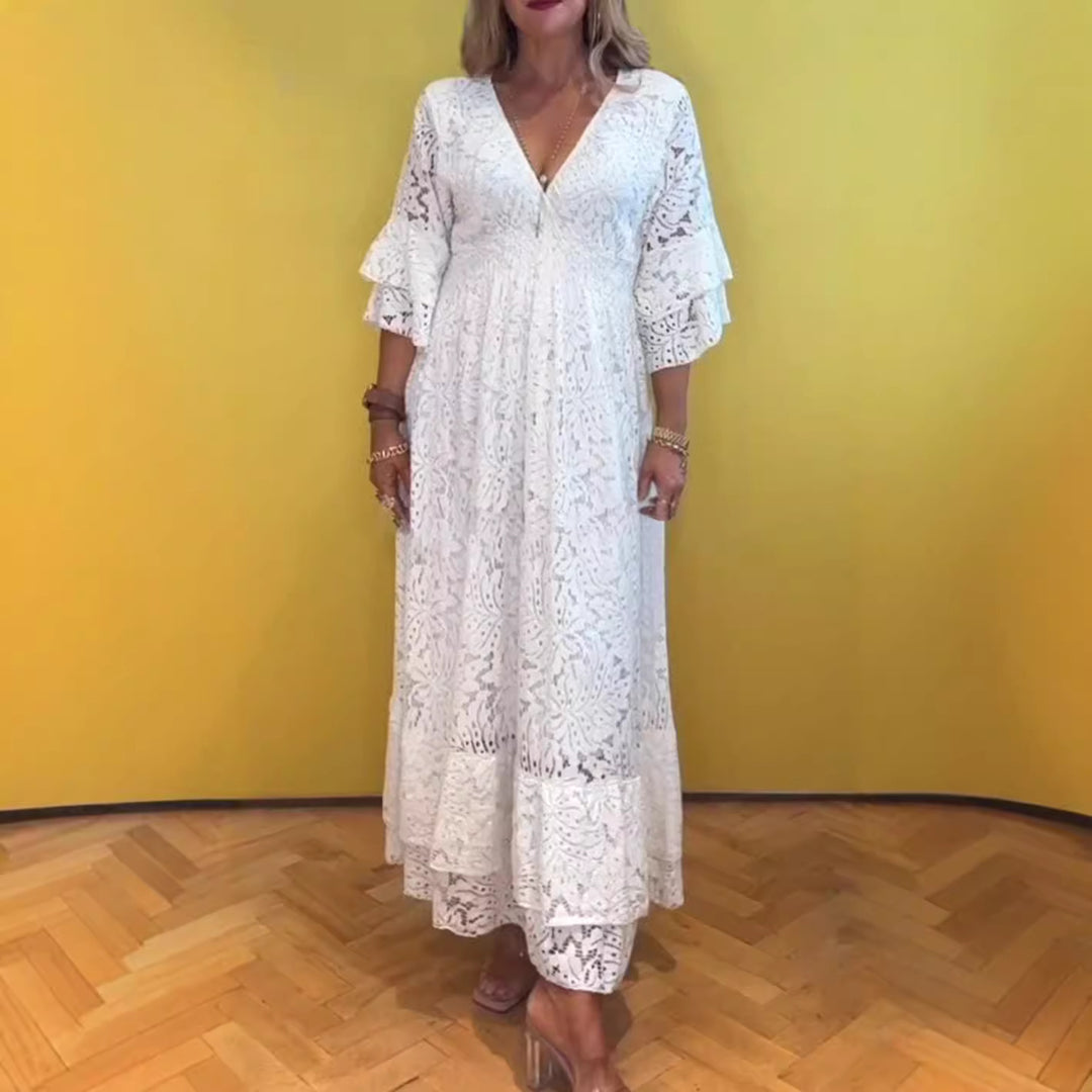 Damen nan Boho-Spitzen-Maxikleid mit V-Ausschnitt, Unterbrustnaht und gestuften Volantärmeln Drune