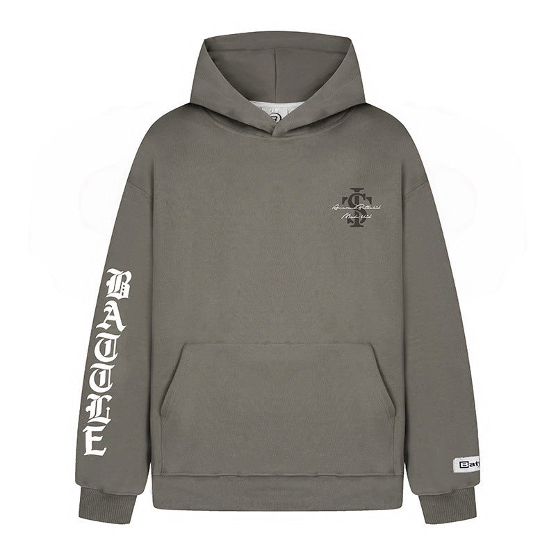 Unisex Oversize-Kapuzenpullover mit Gothic-Ärmelprint und Kängurutasche Drune