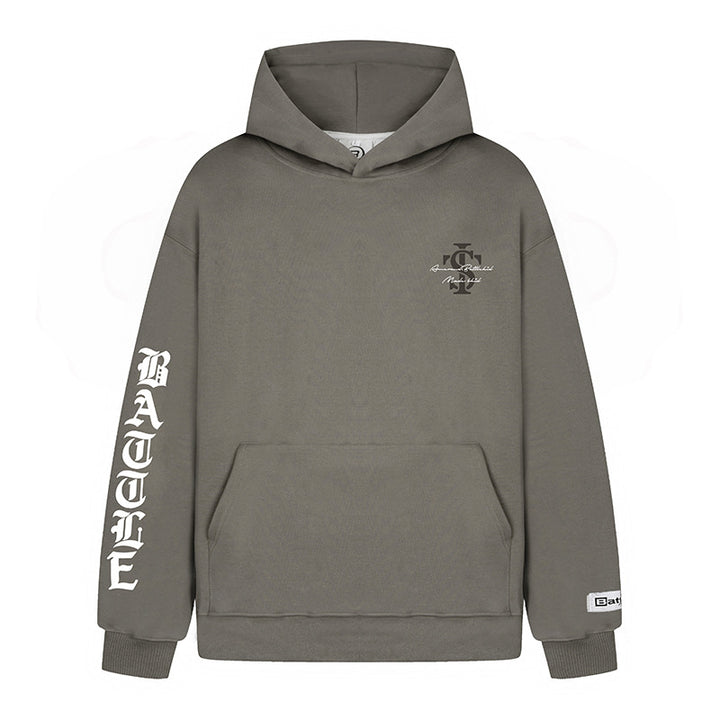 Unisex Oversize-Kapuzenpullover mit Gothic-Ärmelprint und Kängurutasche Drune