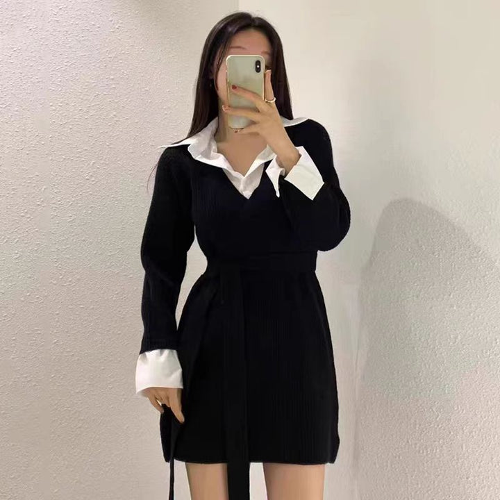 Damen elegantes Strickkleid mit tailliertem Gürtel und ausgefallenem Kragen Drune