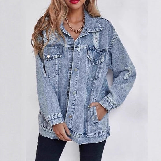 Damen Oversized Denimjacke mit modischen Ripped-Details Drune