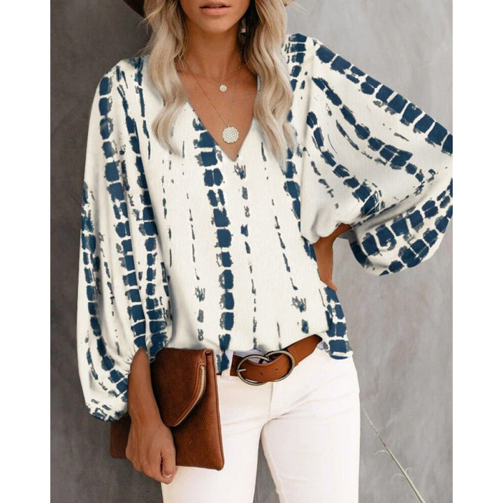 Damen Bluse mit weitem Puffärmel und eleganter V-Ausschnitt Drune