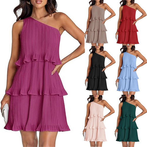 Damen Ärmelloses plissiertes Stufenkleid mit asymmetrischer Schulterpartie Drune