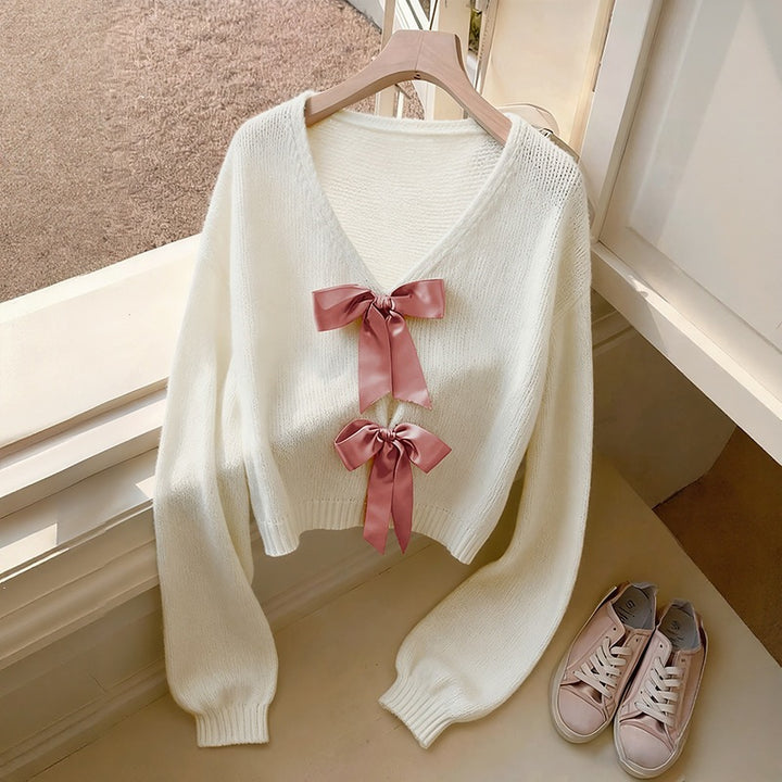 Damen Cropped Strickpullover mit Schleifen Drune