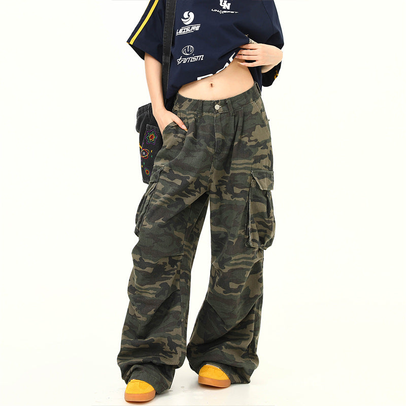 Damen Cargo-Hose mit weitem Bein und camouflagemuster Drune