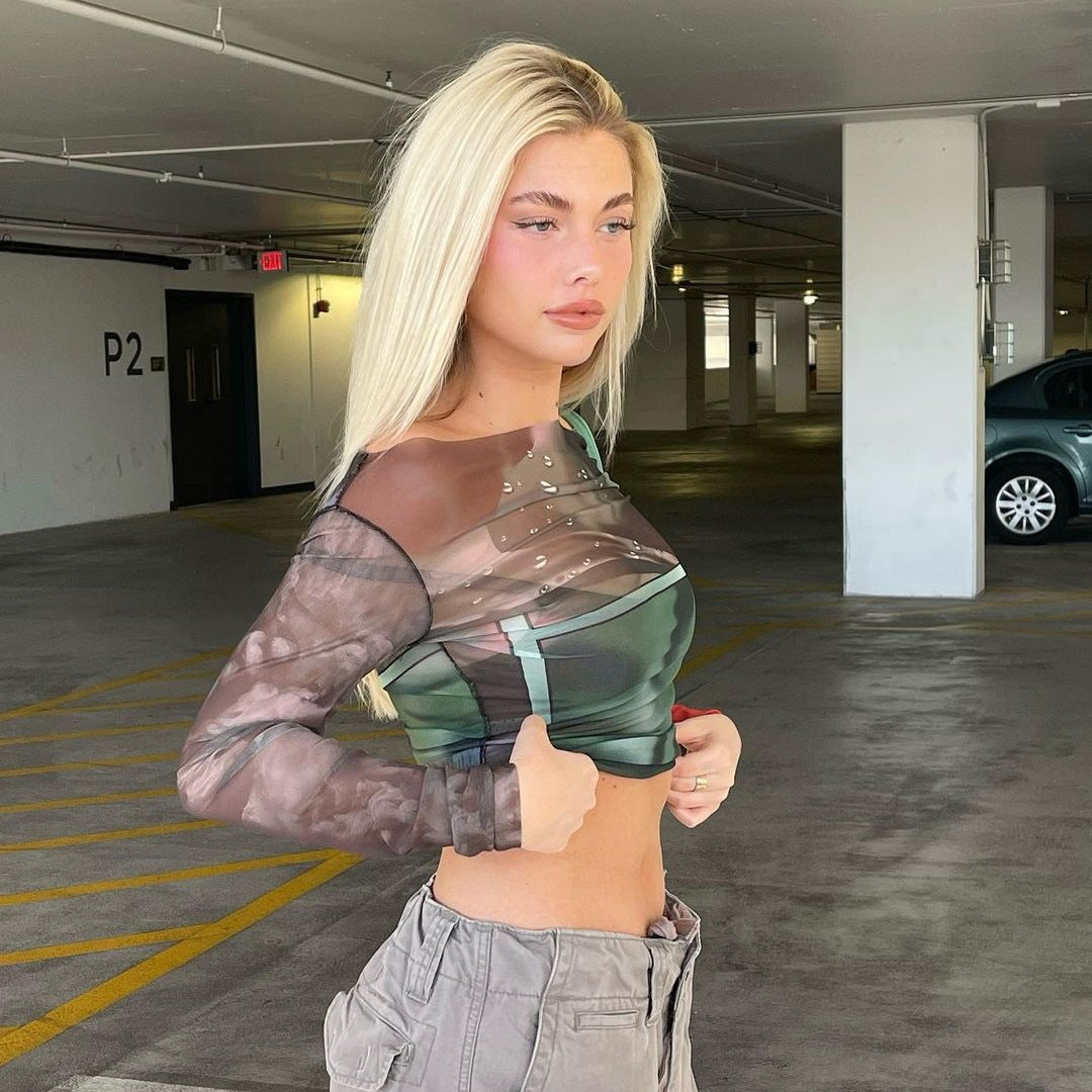 Damen Langarm Crop-Top mit transparenten Akzenten und grafischem Design Drune