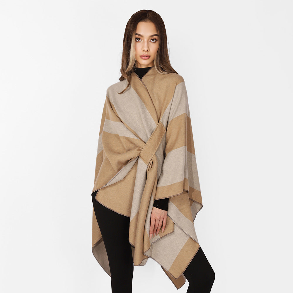 Damen Oversize-Cape mit Blockstreifen und Bindegürtel Drune