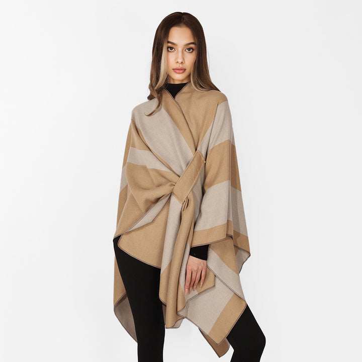 Damen Oversize-Cape mit Blockstreifen und Bindegürtel Drune