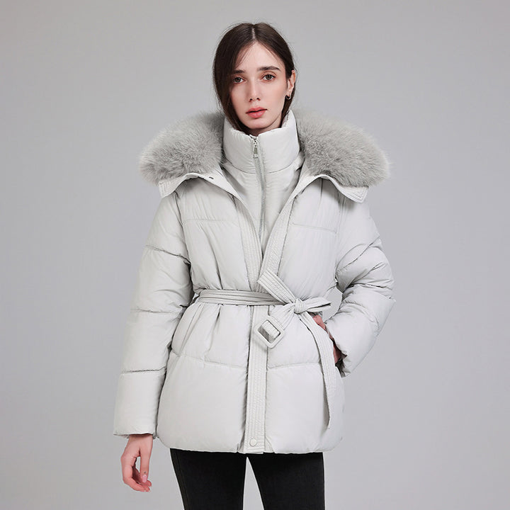 Damen nan luxuriöse kurze Pufferjacke mit integriertem Windschutzkragen und Taillengürtel Drune