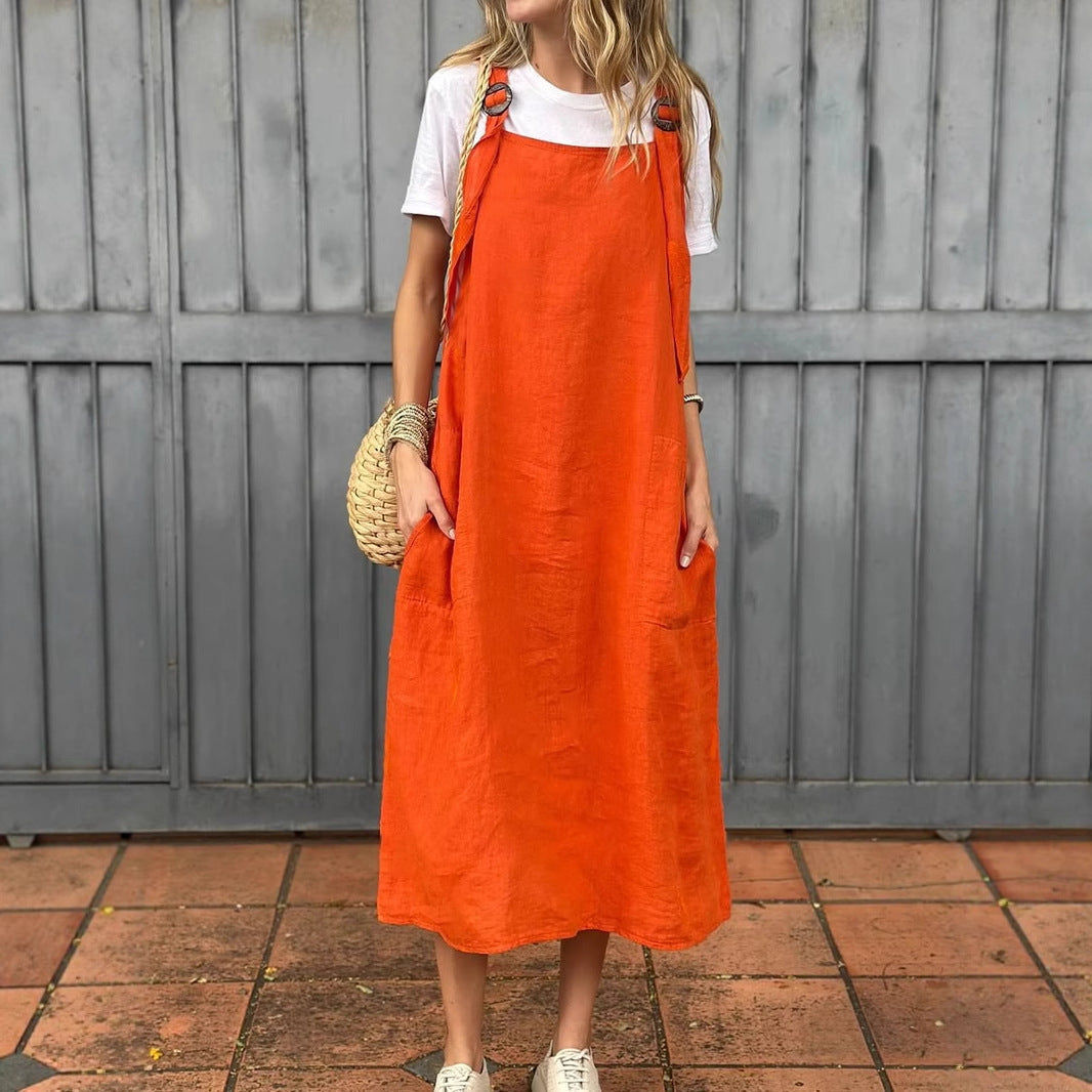 Damen lässiges Leinenkleid mit praktischen Taschen und verstellbaren Trägern Drune