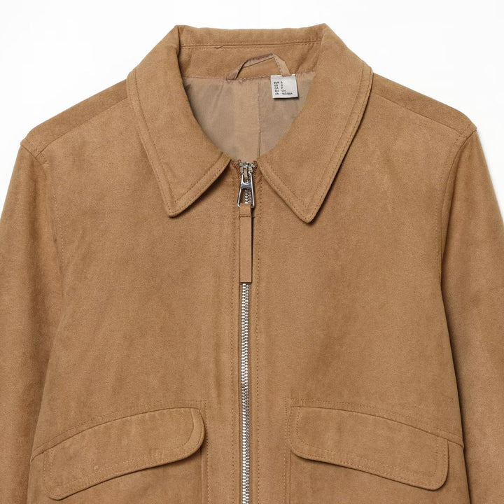 Damen Kurzjacke in Wildlederoptik Bomber mit Reißverschluss, Pattentaschen und Rippbündchen Drune