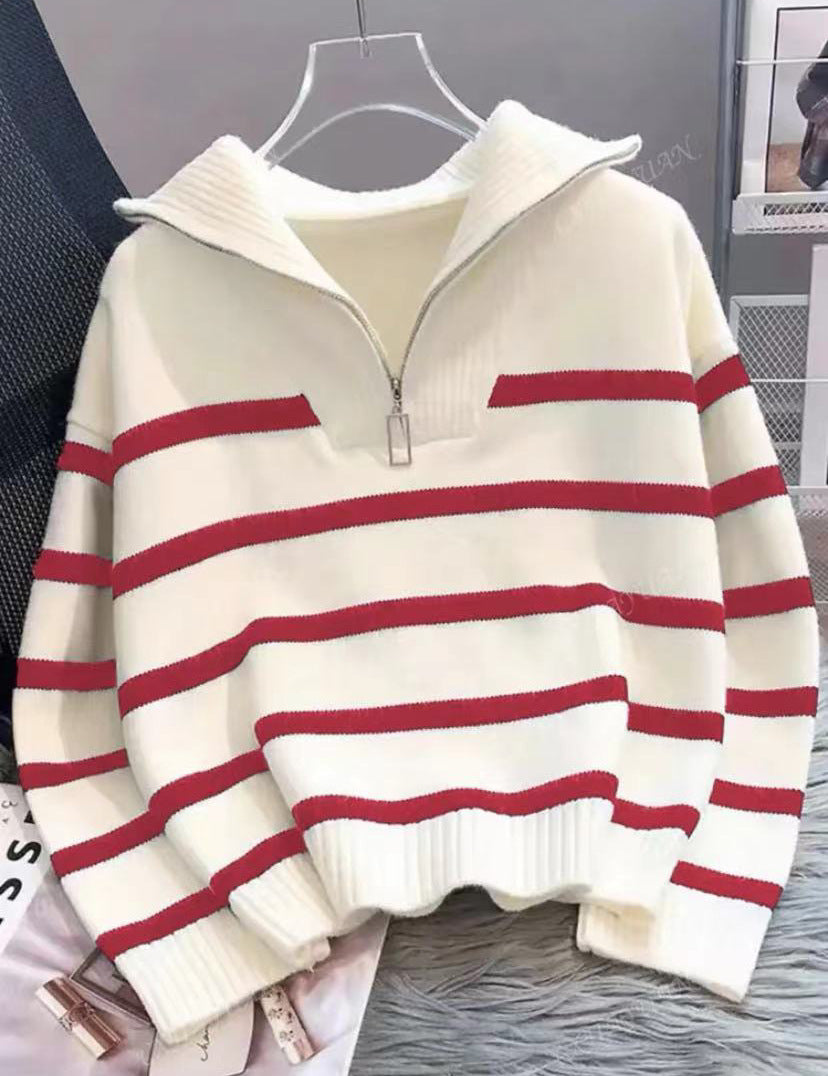 Damen Gestreifter Halb-Reißverschluss Strickpullover mit Rippenkragen Drune