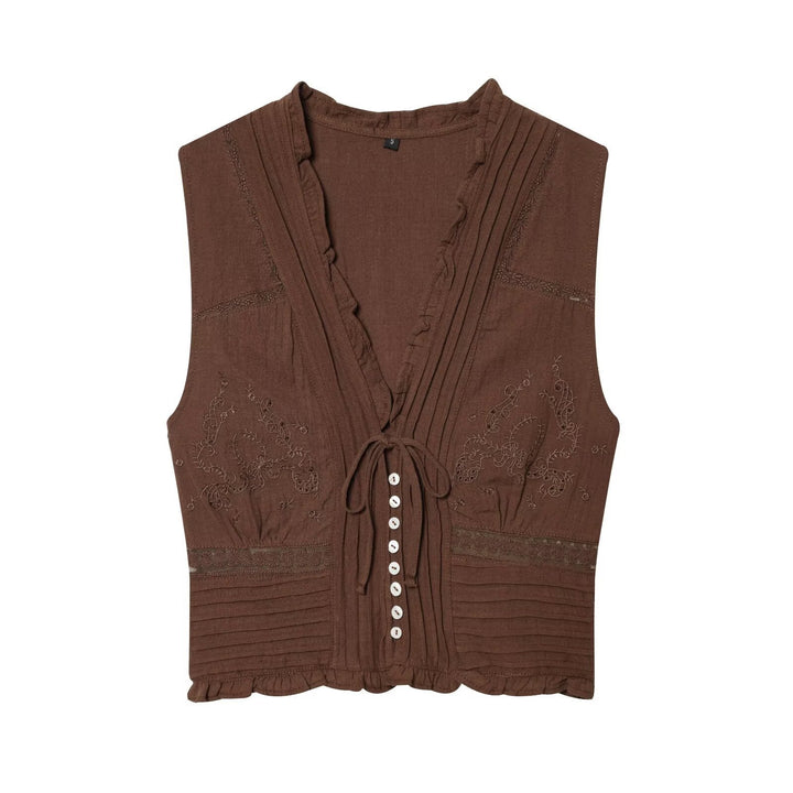 Damen ärmelloses Blusenshirt mit Stickereien und zarten Rüschen Drune