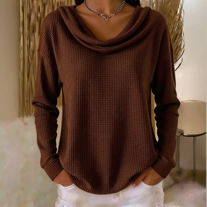 Damen Lässiger Waffelstrick-Pullover mit weitem Wasserfallkragen und gerundetem Saum Drune