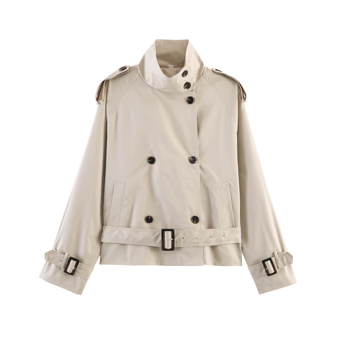Damen 20+ kurzer Doppelreiher Trenchblouson im Boxy‑Cut mit Stehkragen Schulterklappen und verstellbarem Taillengürtel Drune