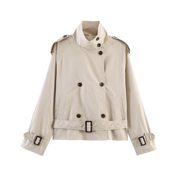 Damen 20+ kurzer Doppelreiher Trenchblouson im Boxy‑Cut mit Stehkragen Schulterklappen und verstellbarem Taillengürtel Drune