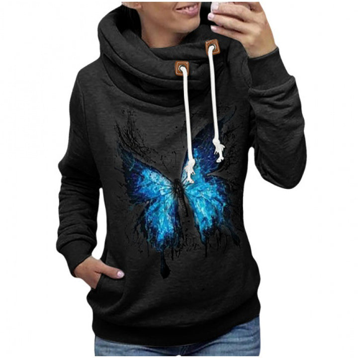 Damen Kapuzenpullover mit hohem Schlauchkragen, Kängurutasche und Schmetterlingsprint Drune