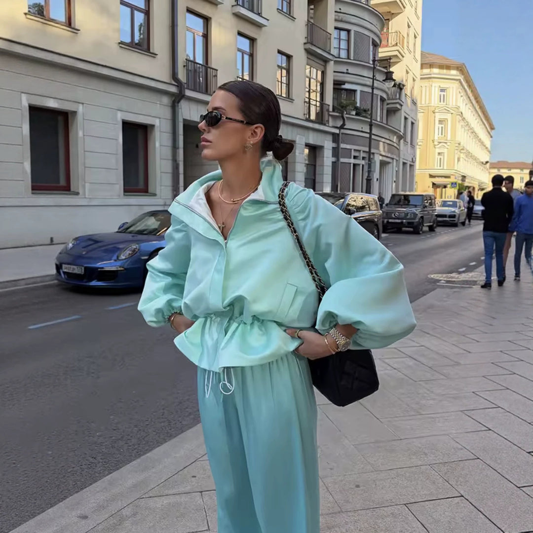 Damen Voluminöse Cropped‑Blousonjacke mit Puffärmeln, Tunnelzugtaillierung und Stehkragen Drune