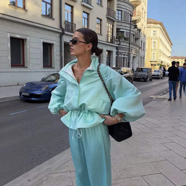 Damen Voluminöse Cropped‑Blousonjacke mit Puffärmeln, Tunnelzugtaillierung und Stehkragen Drune