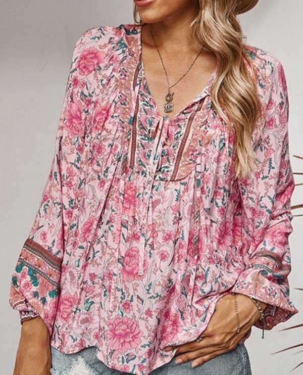 Damen Boho-Bluse mit floralem Print, V‑Ausschnitt mit Bindeband und Plissée-Details Drune