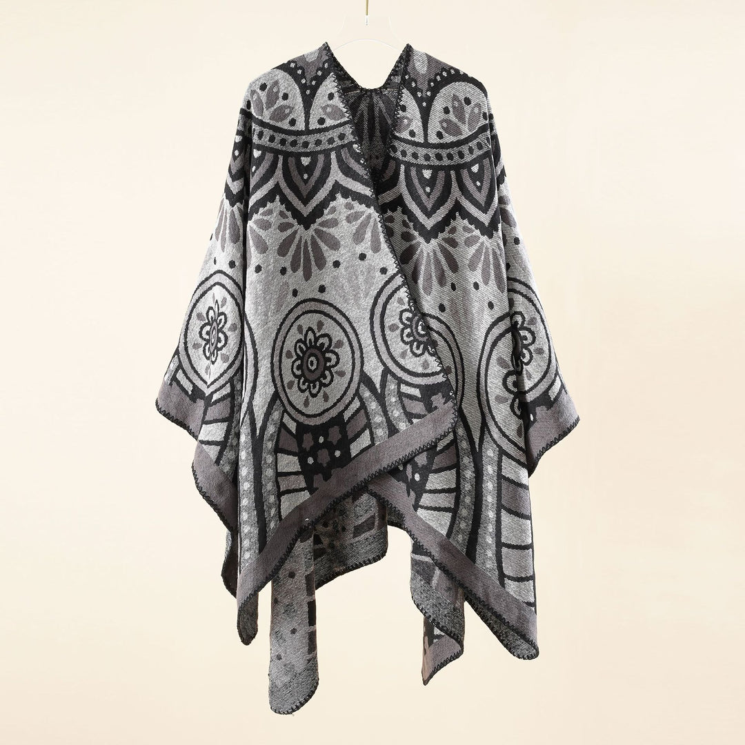 Damen Wollmix-Umhangponcho mit ornamentaler Jacquardstruktur und offenem Fall Drune