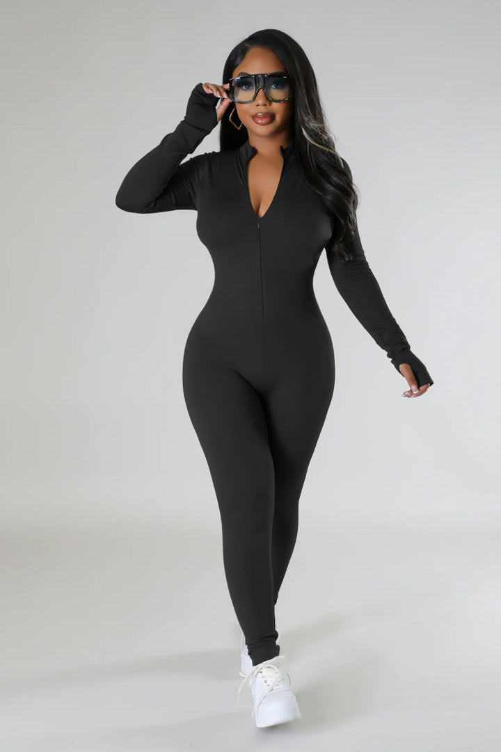 Damen figurbetontes Langarm-Jumpsuit mit durchgehendem Reißverschluss Drune