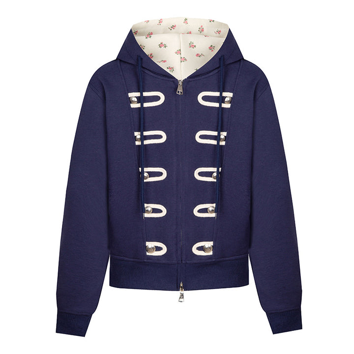 Damen Kapuzen-Sweatjacke mit dekorativen Schlaufen und Metallknopf-Details Drune