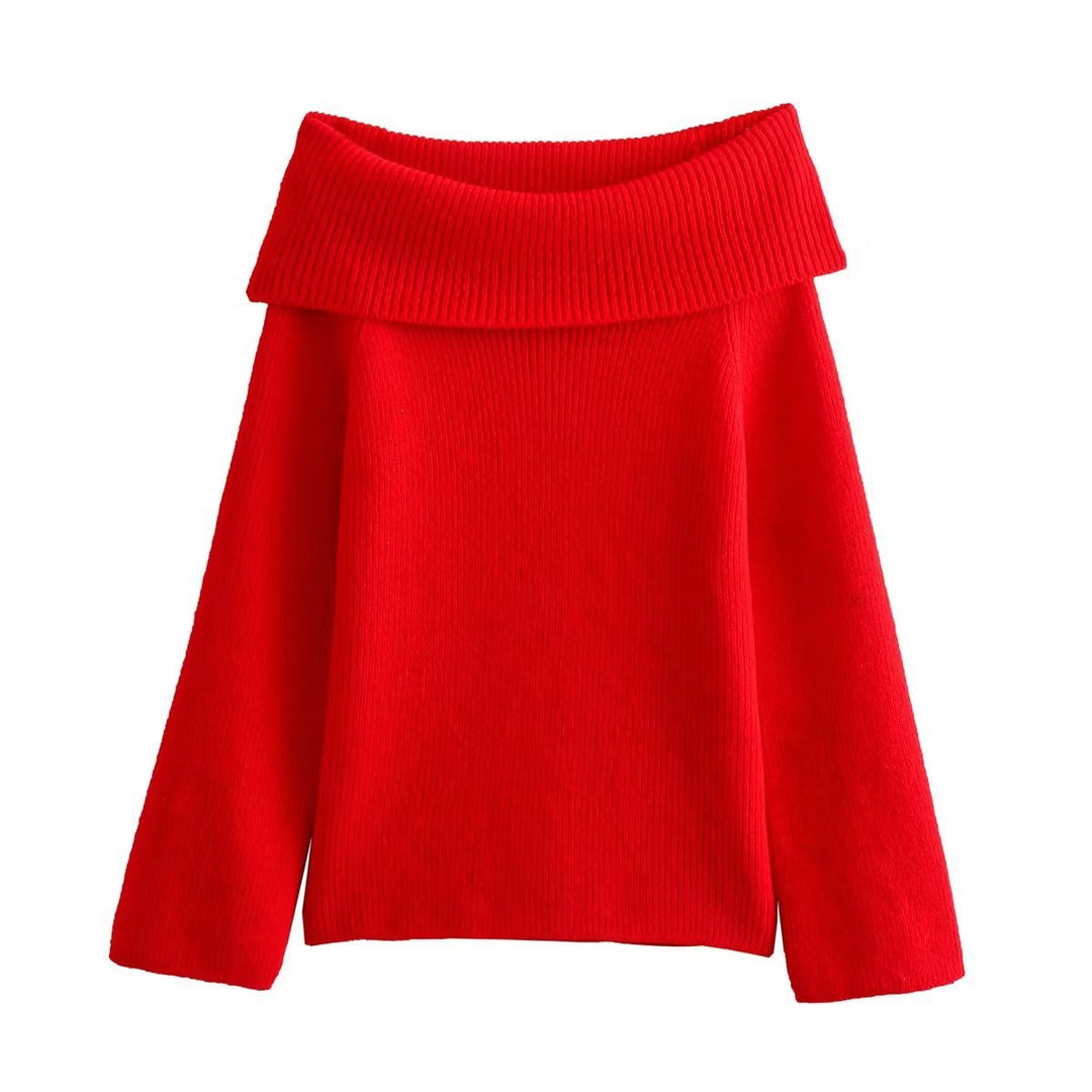 Damen Oversized Off-Shoulder Rippstrick-Pullover mit großem Wendkragen Drune