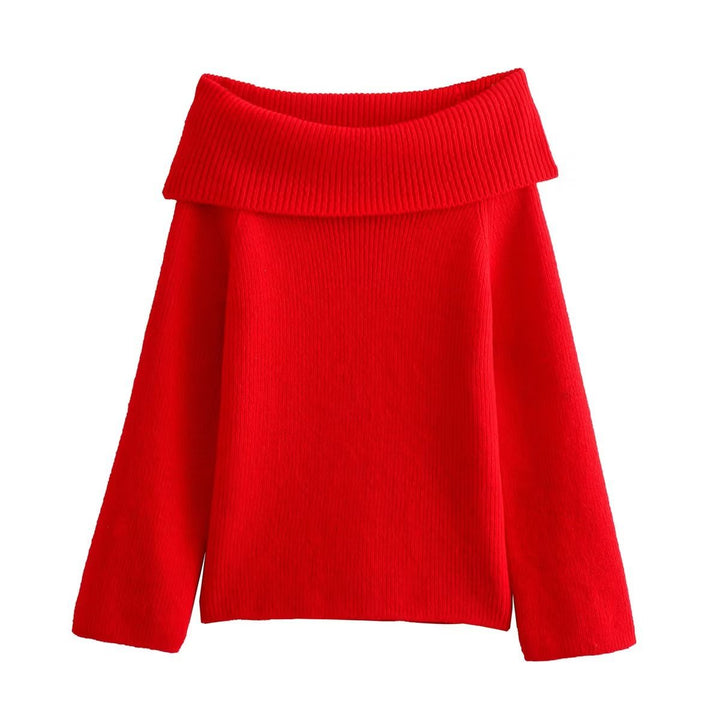 Damen Oversized Off-Shoulder Rippstrick-Pullover mit großem Wendkragen Drune