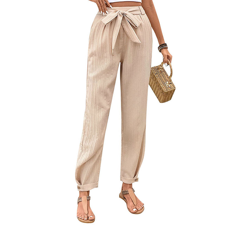 Damen Leichte Paperbag-Hose mit Taillenschleife, geradem Bein und Krempelbund Drune