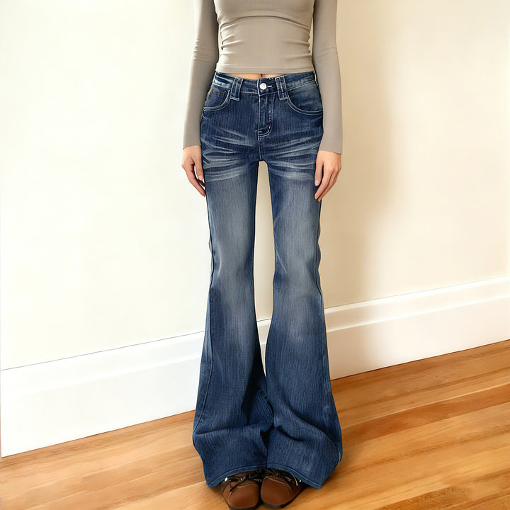 Damen Hochtaillierte Flared-Jeans mit Used-Waschung und Five-Pocket Drune