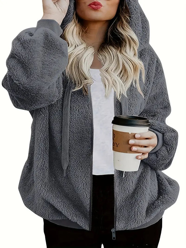 Damen Flauschige Kapuzenjacke mit Reißverschluss und praktischem Design Drune