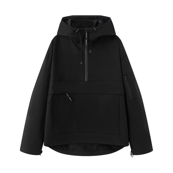 Damen wasserdichter Oversized Anorak mit Kapuze, halbem Reißverschluss und Kängurutasche Drune