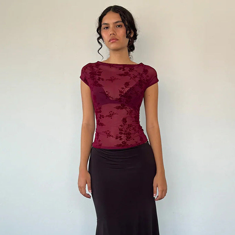 Damen Spitzenoberteil mit floralem Muster und transparenter Gestaltung Drune