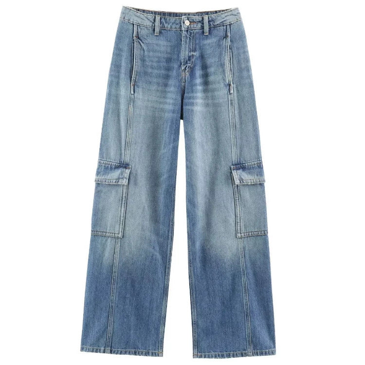 Damen Jeans‑Cargo‑Hose mit weitem Bein, Ziernähten und aufgesetzten Klappentaschen Drune