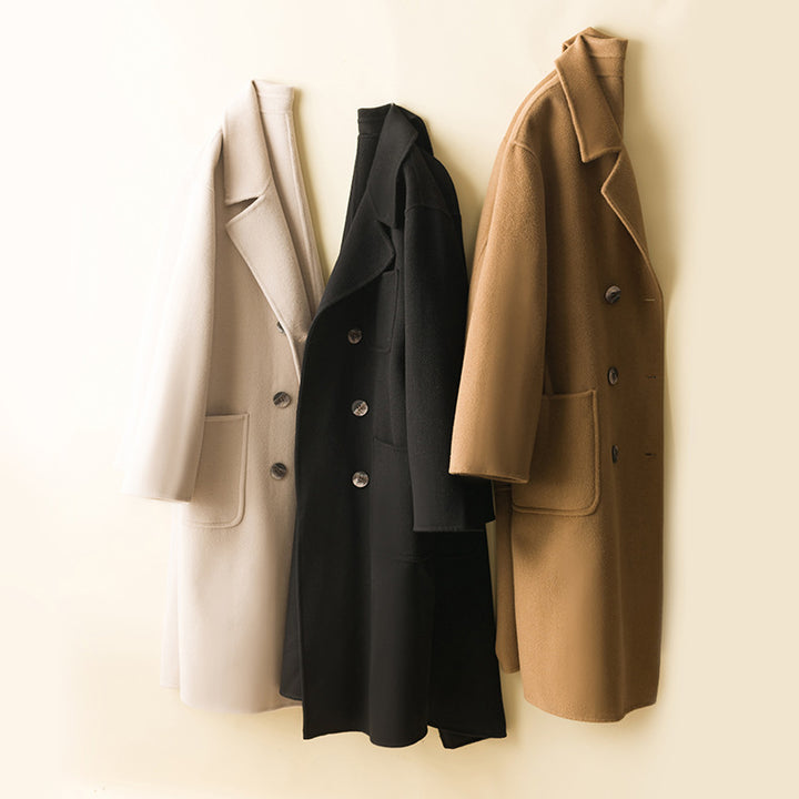 Damen Oversized Doppelreiher Wollmix‑Mantel mit aufgesetzten Taschen Drune