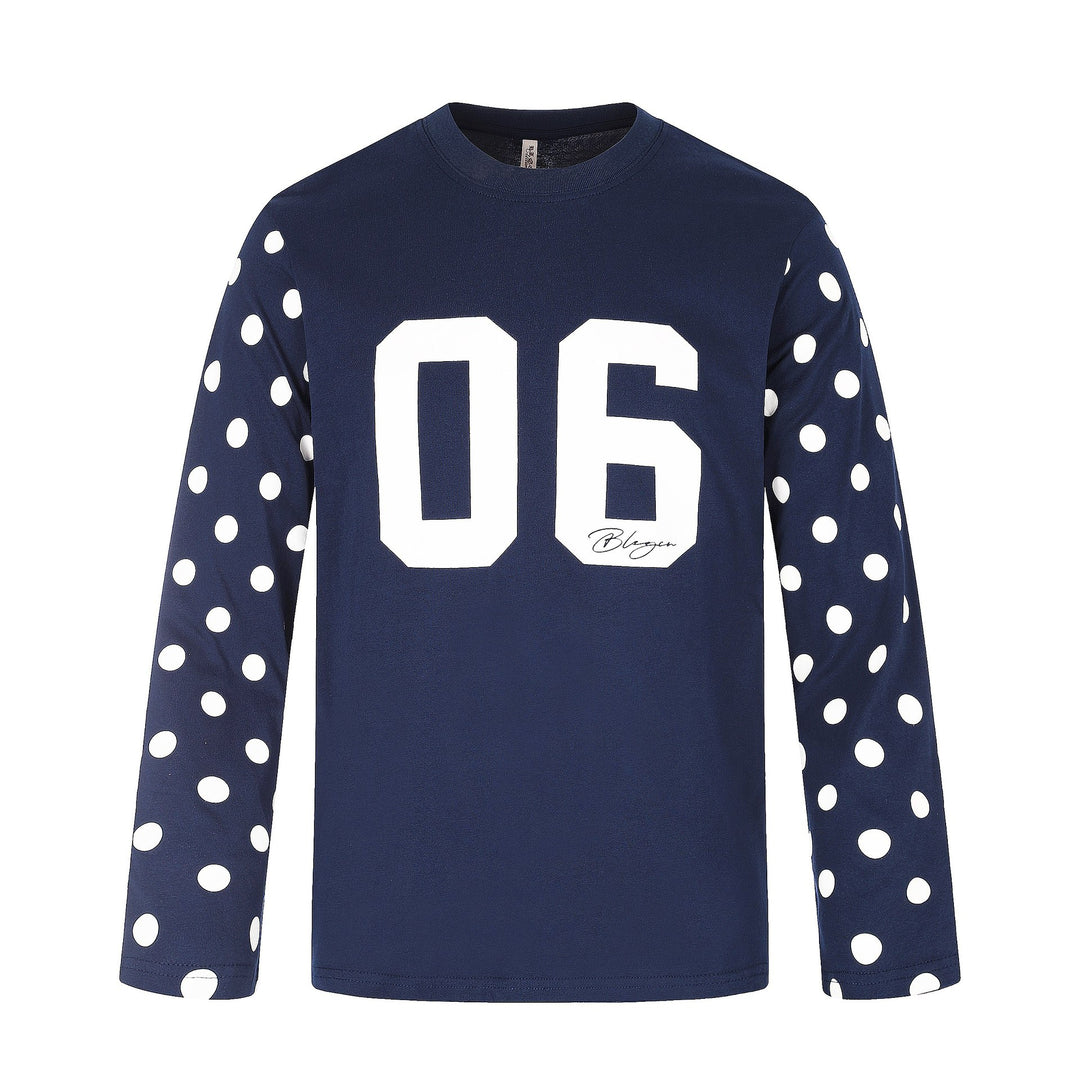 Damen Langärmliges Statement-Shirt mit Polka‑Dot-Ärmeln und Zahlendruck Drune