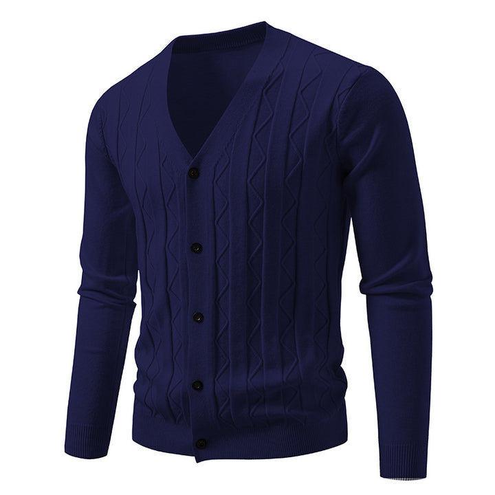 Herren nan V-Ausschnitt Strickjacke mit dezenter Zopfmusterstruktur und durchgehender Knopfleiste Drune