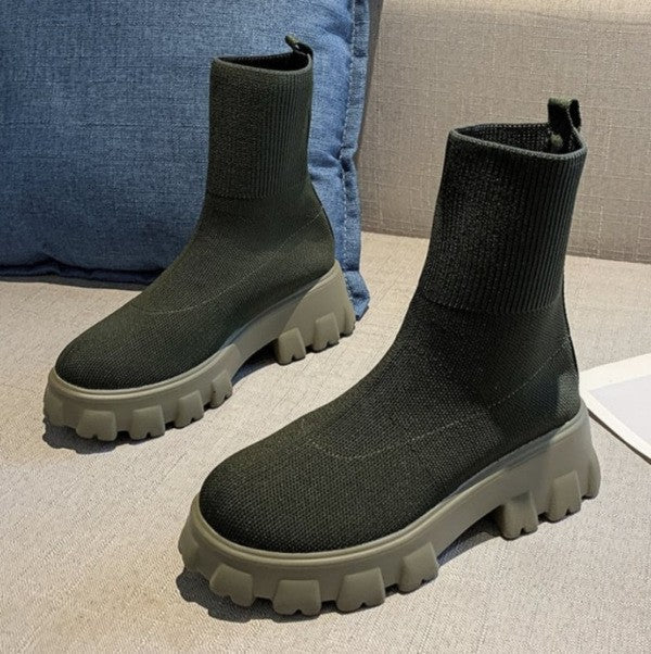 Damen Strick-Sock-Boots mit elastischem Schaft und kontrastierender Profilplateau-Sohle Drune
