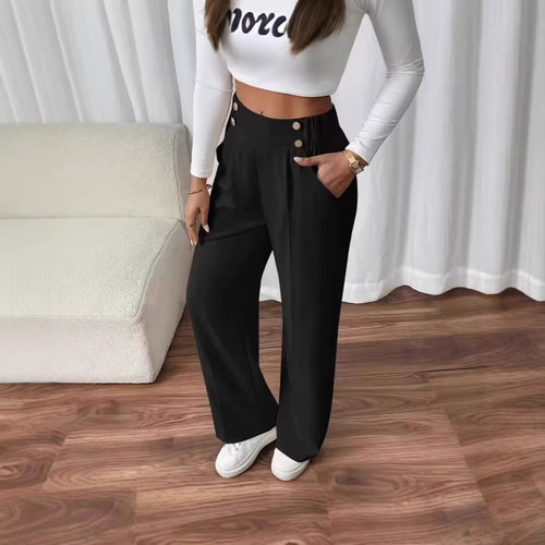 Damen elegante Hochbundhose mit seitlichen Knopfdetails und weitem Bein Drune