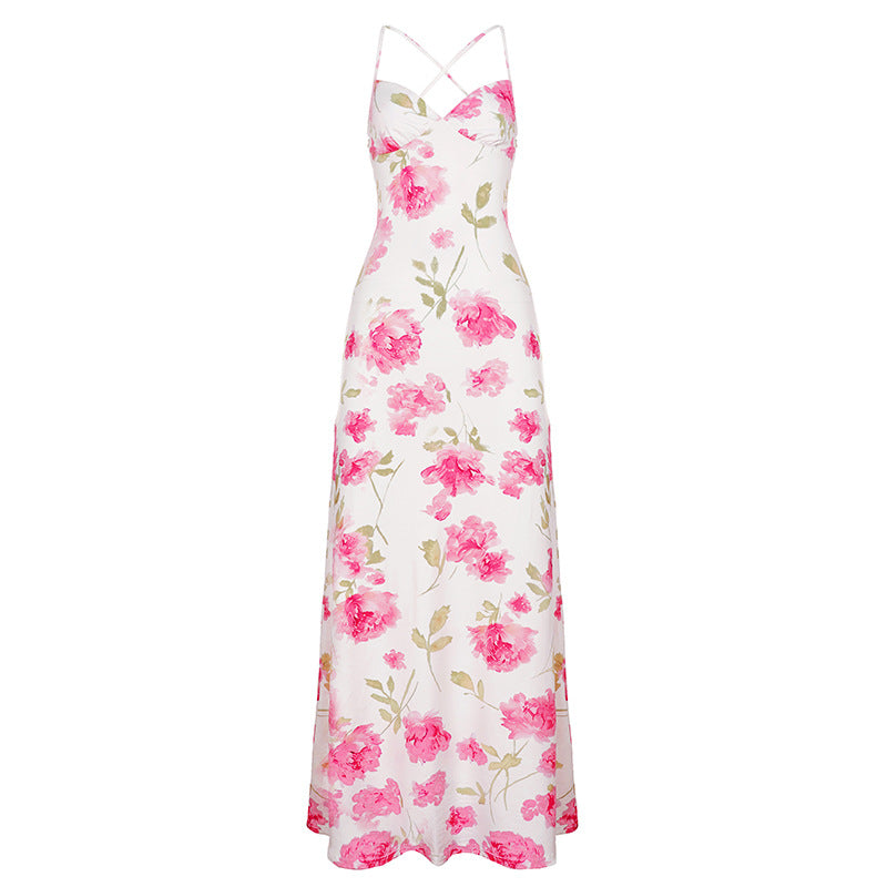 Damen elegantes Maxikleid mit zartem Blumenmuster und Spaghettiträgern Drune