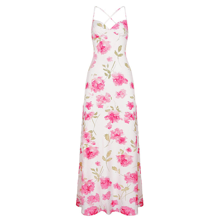 Damen elegantes Maxikleid mit zartem Blumenmuster und Spaghettiträgern Drune